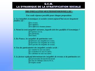 Q.C.M. LA DYNAMIQUE DE LA STRATIFICATION SOCIALE