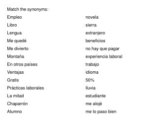 Match the synonyms: Empleo					novela Libro					sierra Lengua					extranjero