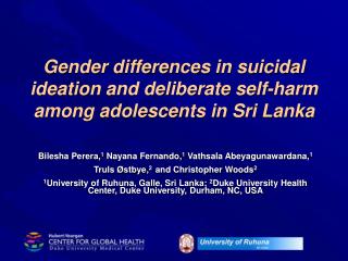 Gender differences in suicidal ideation and deliberate self-harm among adolescents in Sri Lanka