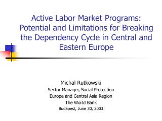 Michal Rutkowski Sector Manager, Social Protection Europe and Central Asia Region The World Bank