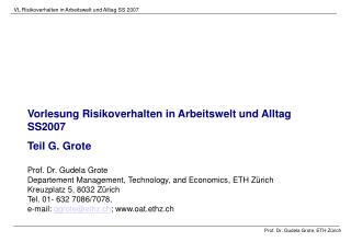 Vorlesung Risikoverhalten in Arbeitswelt und Alltag SS2007 Teil G. Grote Prof. Dr. Gudela Grote