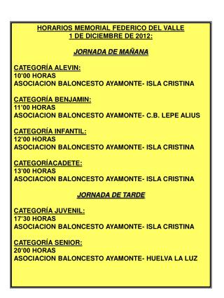 HORARIOS MEMORIAL FEDERICO DEL VALLE 1 DE DICIEMBRE DE 2012: JORNADA DE MAÑANA CATEGORÍA ALEVIN: