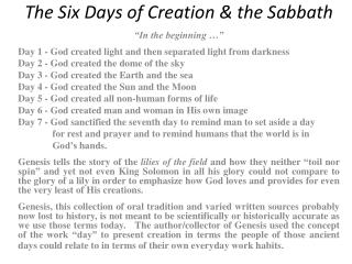 The Six Days of Creation &amp; the Sabbath