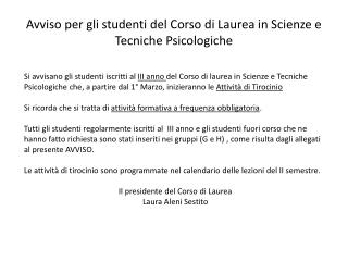 Avviso per gli studenti del Corso di Laurea in Scienze e Tecniche Psicologiche