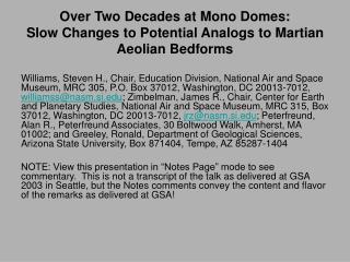 Over Two Decades at Mono Domes: Slow Changes to Potential Analogs to Martian Aeolian Bedforms