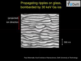 Propagating ripples on glass, bombarded by 30 keV Ga ios