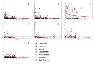 A Oriental B Hakuho C Yu Lu D Occidental E Nectarines F Peaches G Landraces