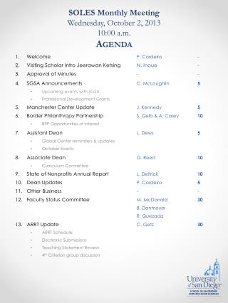 SOLES Monthly Meeting Wednesday, October 2, 2013 10:00 a.m. Agenda