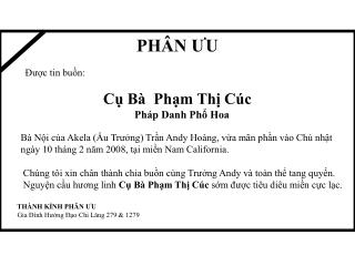 PHÂN ƯU Được tin buồn: Cụ Bà  Phạm Thị Cúc Pháp Danh Phổ Hoa