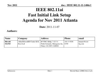 IEEE 802.11ai Fast Initial Link Setup Agenda for Nov 2011 Atlanta