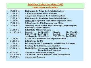 Zeitlicher Ablauf im Abitur 2012 (Änderungen vorbehalten)