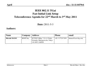 IEEE 802.11 TGai Fast Initial Link Setup Teleconference Agenda for 22 nd March to 3 rd May 2011