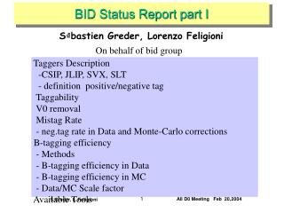 BID Status Report part I