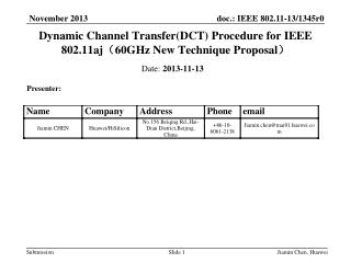 Dynamic Channel Transfer(DCT) Procedure for IEEE 802.11aj （ 60GHz New Technique Proposal ）