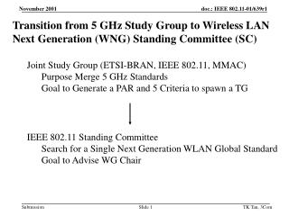 Transition from 5 GHz Study Group to Wireless LAN Next Generation (WNG) Standing Committee (SC)