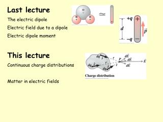 Last lecture The electric dipole Electric field due to a dipole Electric dipole moment