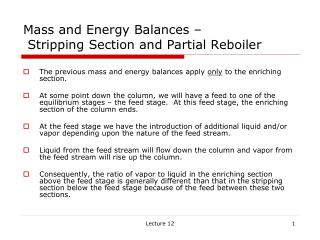 Mass and Energy Balances – Stripping Section and Partial Reboiler