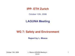 IPP- ETH Zurich October 12th, 2006 LAGUNA Meeting WG 7: Safety and Environment Report by L. Mosca