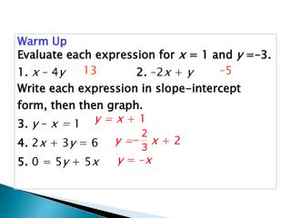 Warm Up Evaluate each expression for x = 1 and y =–3. 1. x – 4 y 2. –2 x + y