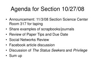 Agenda for Section 10/27/08