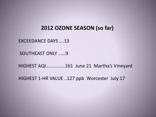 2012 OZONE SEASON (so far) EXCEEDANCE DAYS ….13 SOUTHEAST ONLY ……9