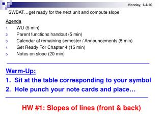 Monday, 1/4/10 SWBAT…get ready for the next unit and compute slope