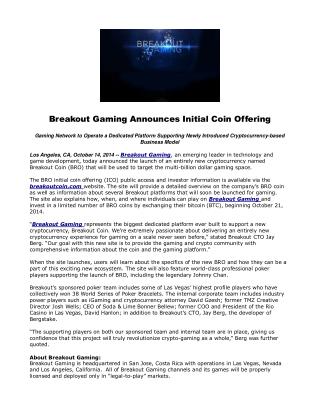 Breakout Gaming Announces Initial Coin Offering
