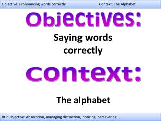 Objective: Pronouncing words correctly Context: The Alphabet