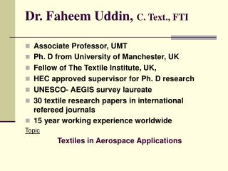 Dr. Faheem Uddin, C. Text., FTI