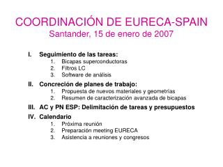 COORDINACIÓN DE EURECA-SPAIN Santander, 15 de enero de 2007