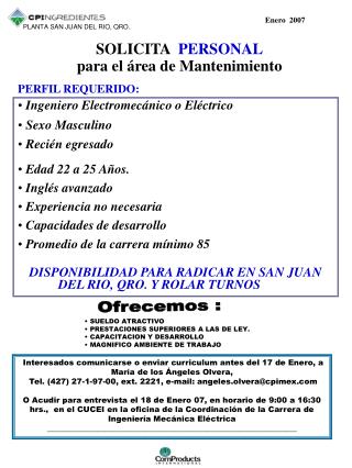 SOLICITA PERSONAL para el área de Mantenimiento