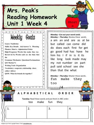 Mrs. Peak’s Reading Homework Unit 1 Week 4