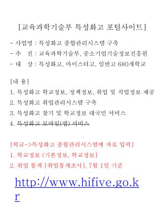 [ 교육과학기술부 특성화고 포털사이트 ] - 사업명 : 특성화고 종합관리시스템 구축 - 추 진 : 교육과학기술부 , 중소기업기술정보진흥원