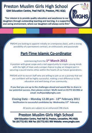 Preston Muslim Girls High School QIM Education Centre, Peel Hall St, Preston, PR1 6QQ