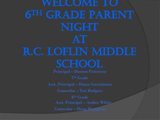Welcome to 6 th Grade Parent Night at R.C. Loflin Middle School