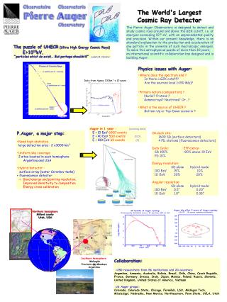 P.Auger, a major step: Need high statistics 	large detection area : 2 x3000 km²