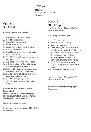 Option 1 30 -60kph How can I go this slow speed? Don’t control yourself in class.