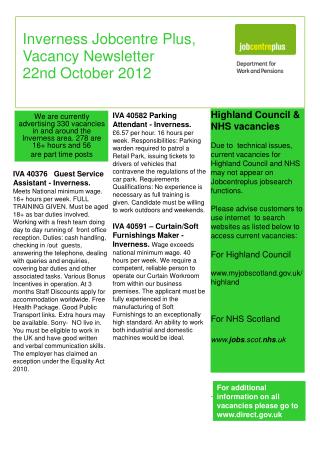 Inverness Jobcentre Plus, Vacancy Newsletter 22nd October 2012