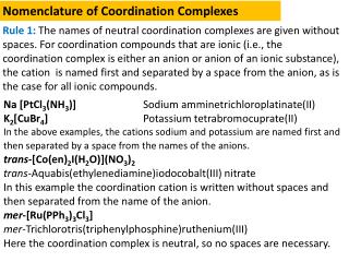 Nomenclature of Coordination Complexes