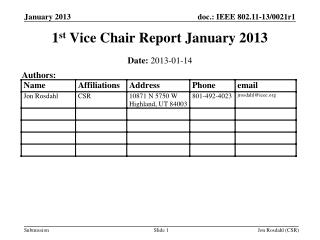 1 st Vice Chair Report January 2013