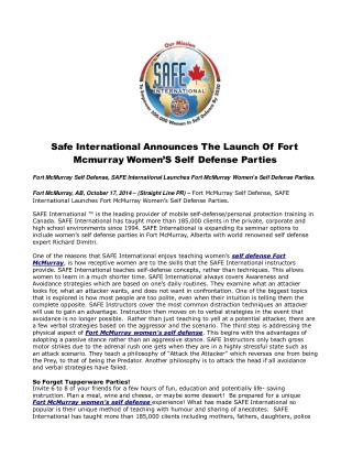 Safe International Announces The Launch Of Fort Mcmurray Wom