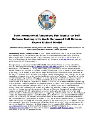 Safe International Announces Fort Mcmurray Self Defense Trai