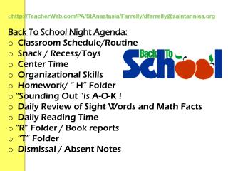 Back To School Night Agenda: Classroom Schedule/Routine Snack / Recess/Toys Center Time