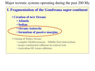 I. Fragmentation of the Gondwana super-continent Creation of new Oceans Atlantic Indian