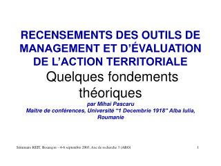 S é minaire REIT, Besan ç on – 4-6 septembre 2003, Axe de recherche 3 (ARO ) 1