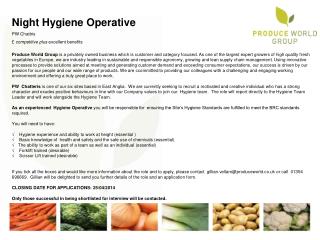 Night Hygiene Operative PW Chattris £ competitive plus excellent benefits