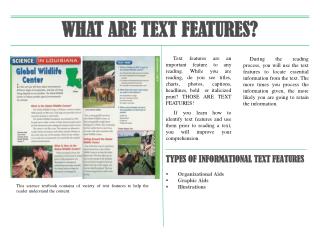 TYPES OF INFORMATIONAL TEXT FEATURES Organizational Aids Graphic Aids Illustrations