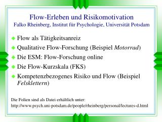 Flow-Erleben und Risikomotivation Falko Rheinberg, Institut für Psychologie, Universität Potsdam