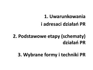 1. Uwarunkowania i adresaci działań PR 2. Podstawowe etapy (schematy) działań PR