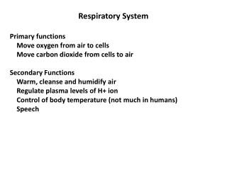 Respiratory System Primary functions Move oxygen from air to cells